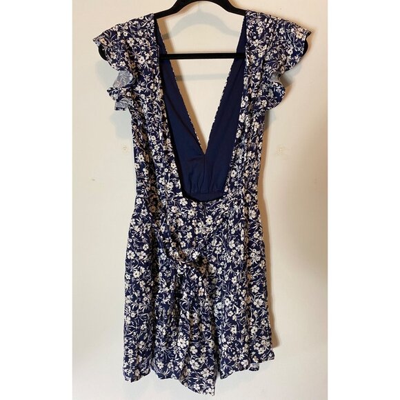 Lulus Navy & White Floral Print Romper With V-Neck & Ruffled Sleeves Large - Picture 5 of 13